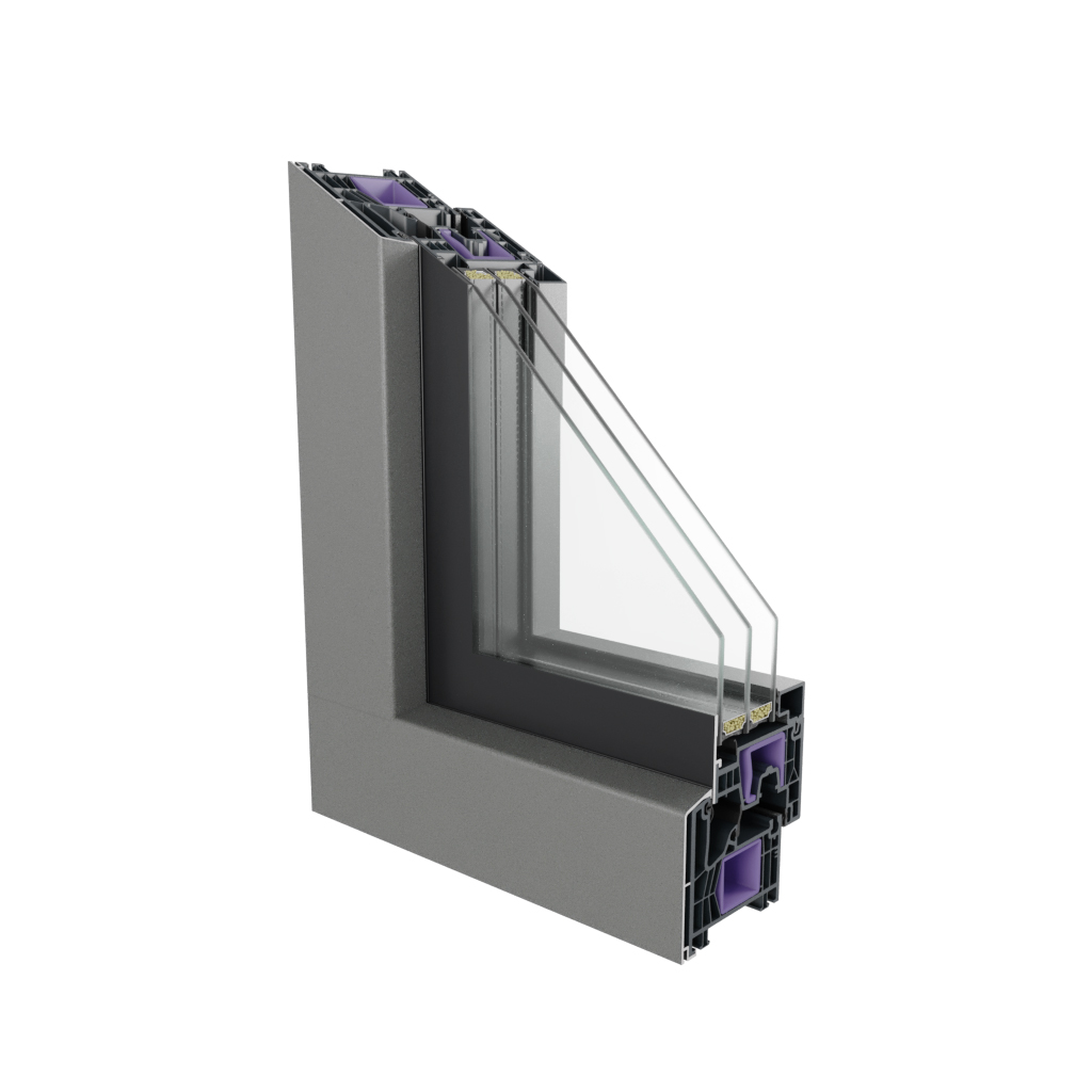Sección de esquina del sistema híbrido H8 AluGlass con aluminio integrado en el exterior y acristalamiento de 48 mm