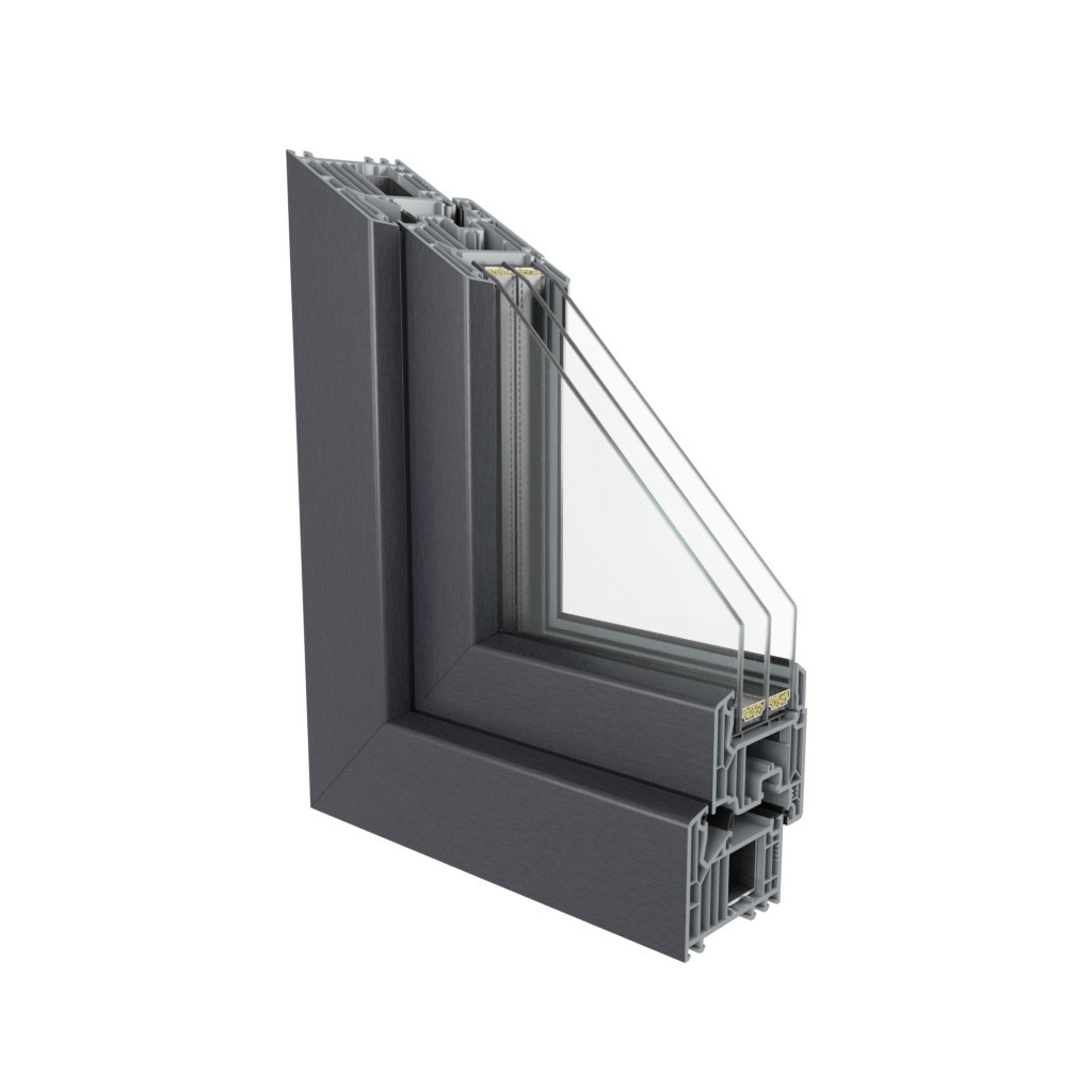 Sección de esquina del perfil PVC Perfect Passive de 82 mm mostrando siete cámaras y triple acristalamiento