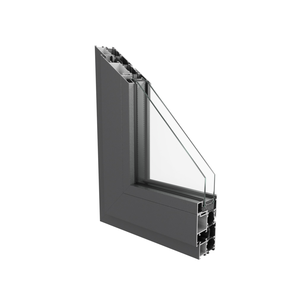 Sección de esquina del perfil de aluminio TH 68 A7 con rotura de puente térmico